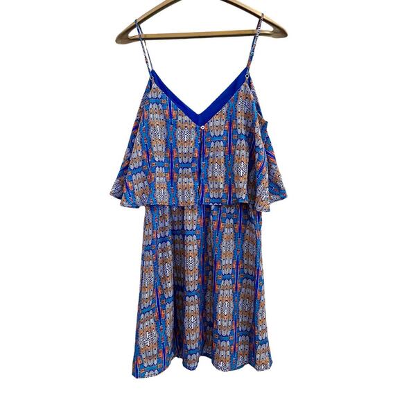 LEYDEN Womens DRESS MED Spaghetti Strap Tiered Bodice Lined V-Neck Blue White - Picture 2 of 9